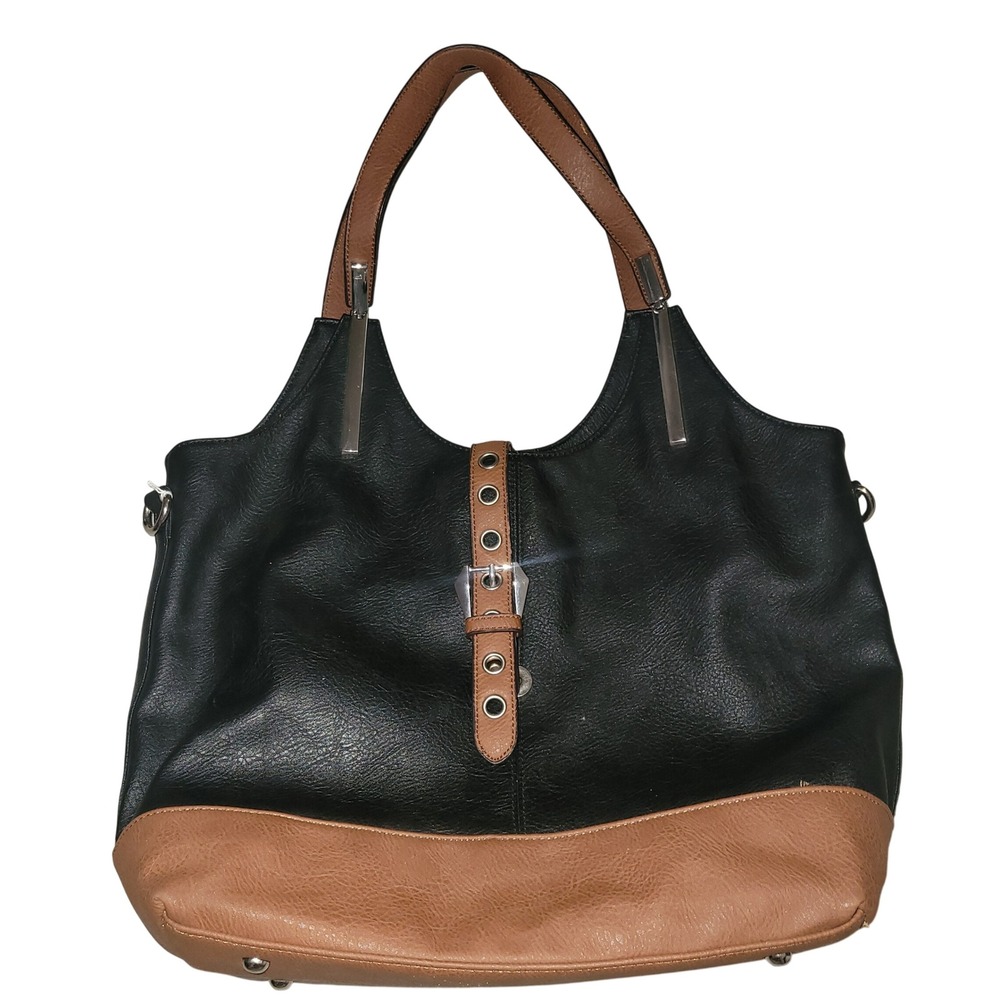 BLACK‎ RIVET Two Tone Hobo Shoulder Bag Buckle Detail Tote Purse Designer luxury